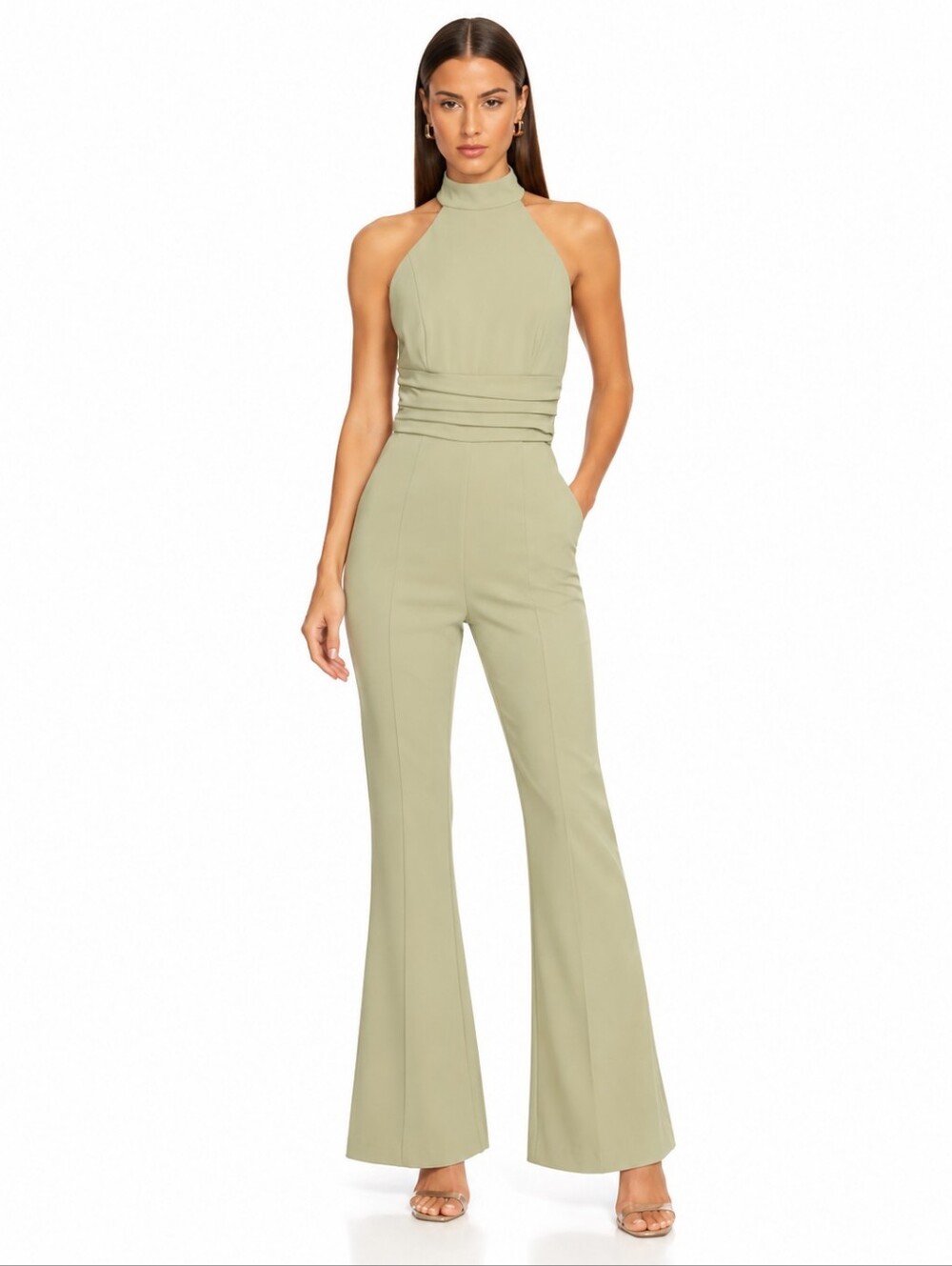 Lavish Alice Sage Green Halter Neck Flare Leg Jumpsuit Size 2
